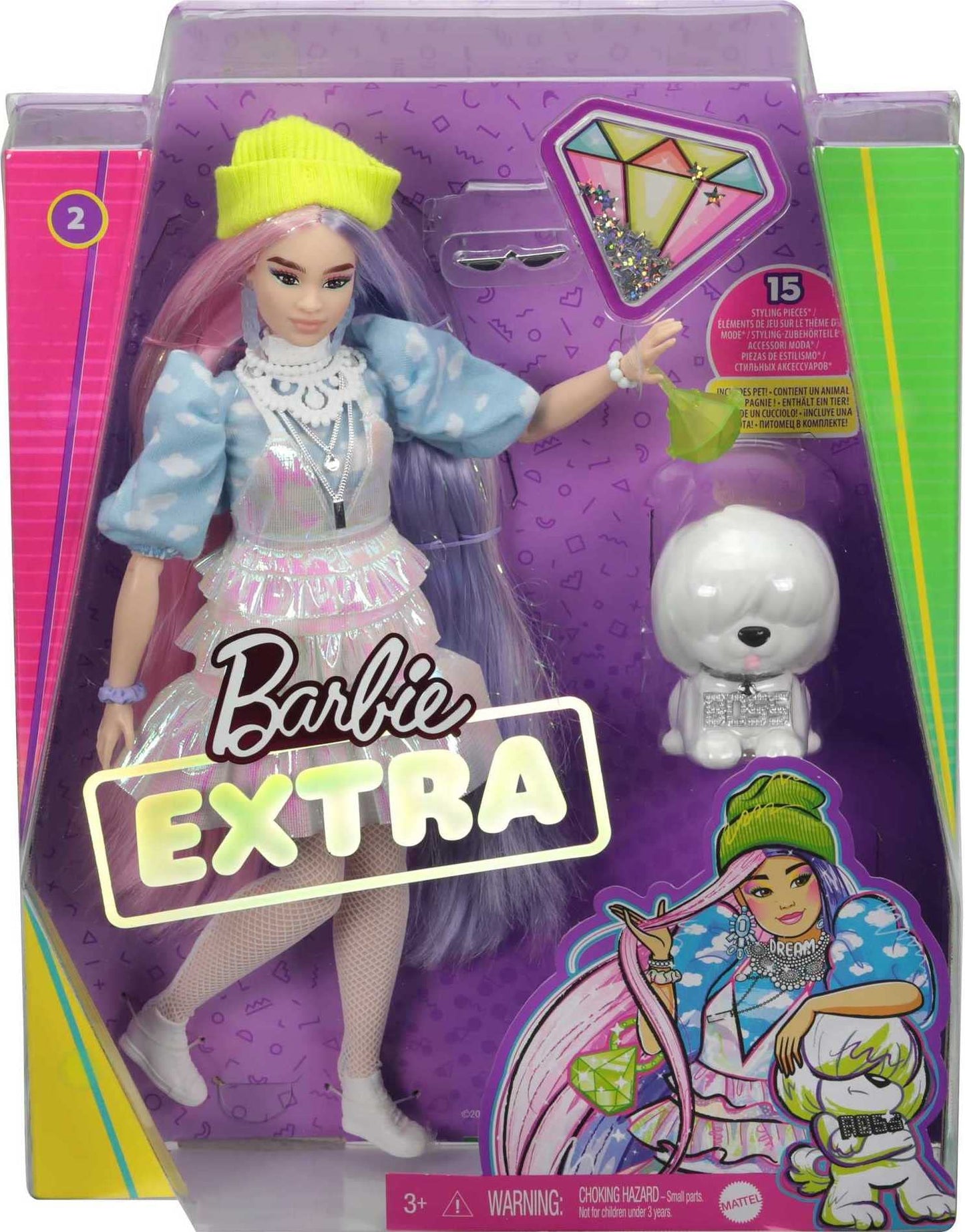 Barbie Extra Doll #2 in Shimmery Look with Pet Puppy, Pink & Purple Fantasy Hair, Layered Outfit & Accessories Including Neon Beanie, Multiple Flexible Joints