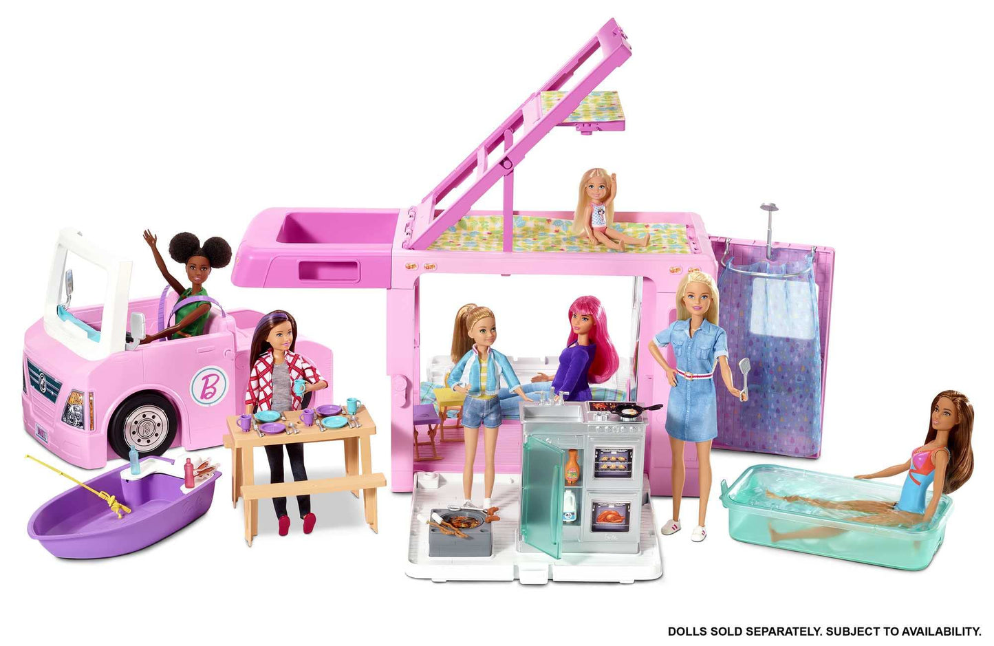 Barbie 3-in-1 DreamCamper Vehicle, approx. 3-ft, Transforming Camper with Pool, Truck, Boat and 50 Accessories, Makes a Great Gift for 3 to 7 Year Olds