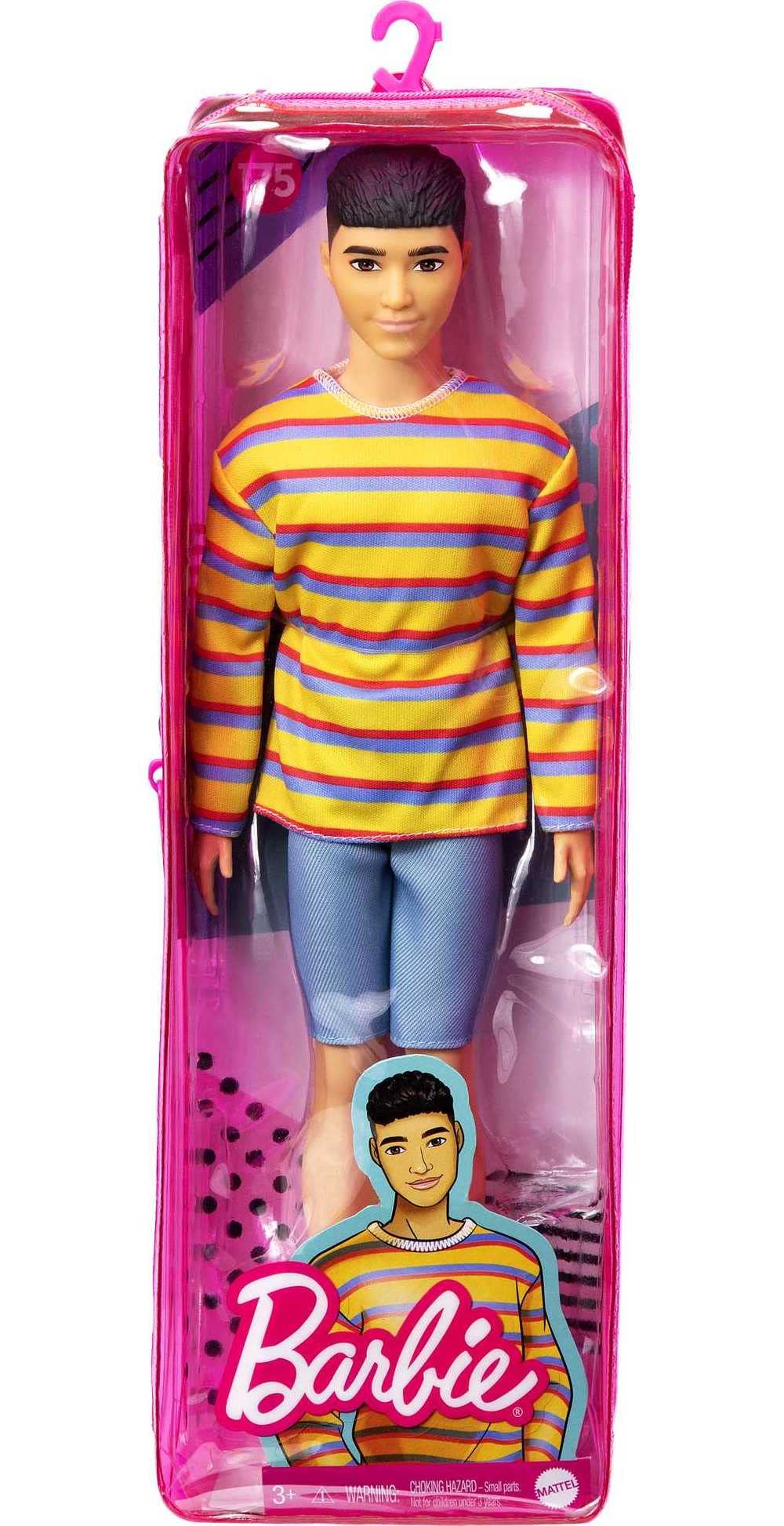 Barbie Ken Fashionistas Doll #175 with Sculpted Brunette Hair Wearing a Long-Sleeve Colorful Striped Shirt, Denim Shorts, White Boots, Toy for Kids 3 to 8 Years Old