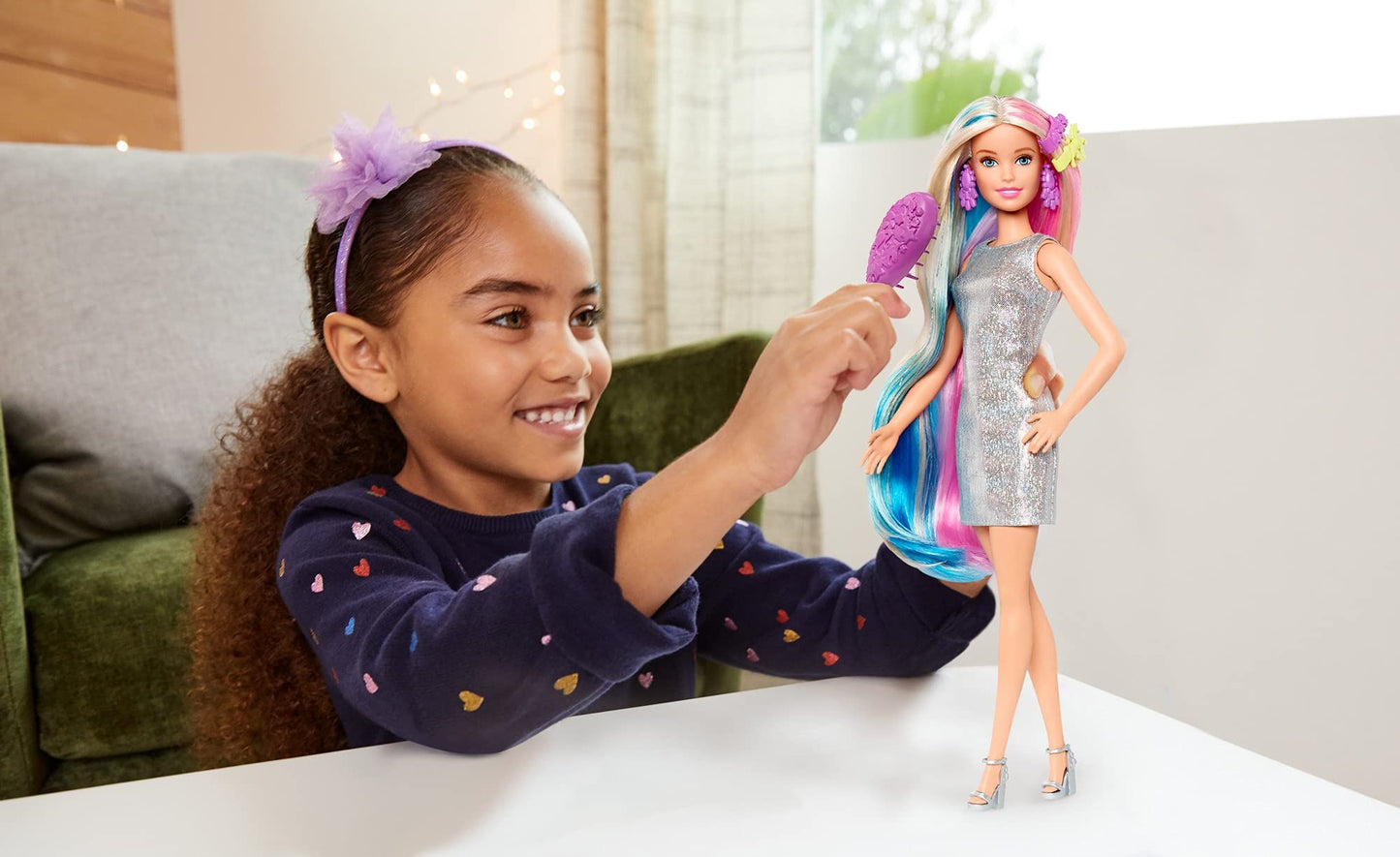 Barbie Fantasy Hair Doll, Blonde, with 2 Decorated Crowns, 2 Tops & Accessories for Mermaid and Unicorn Looks, Plus Hairstyling Pieces, for Kids 3 to 7 Years Old