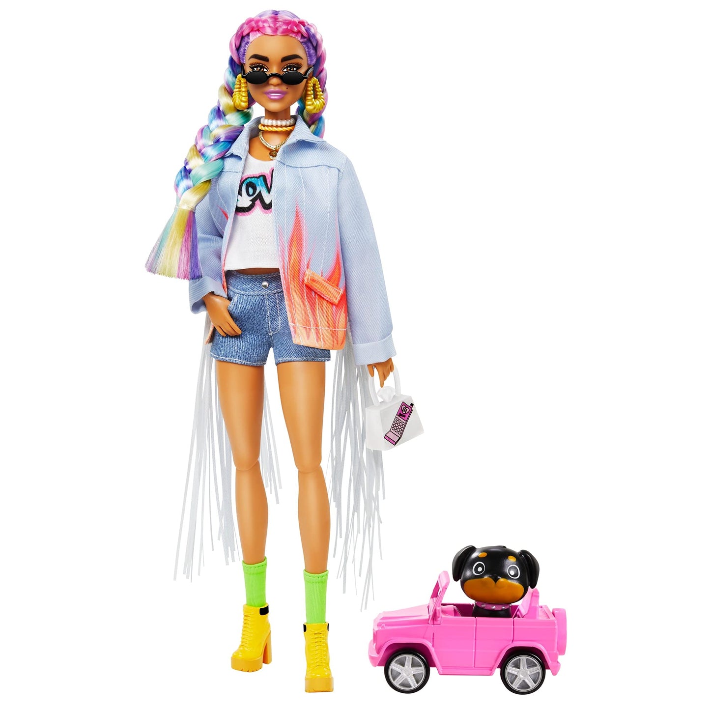 Barbie Extra Doll #5 in Long-Fringe Denim Jacket with Pet Puppy, Rainbow Braids, Layered Outfit & Accessories Including Car for Pet, Multiple Flexible Joints