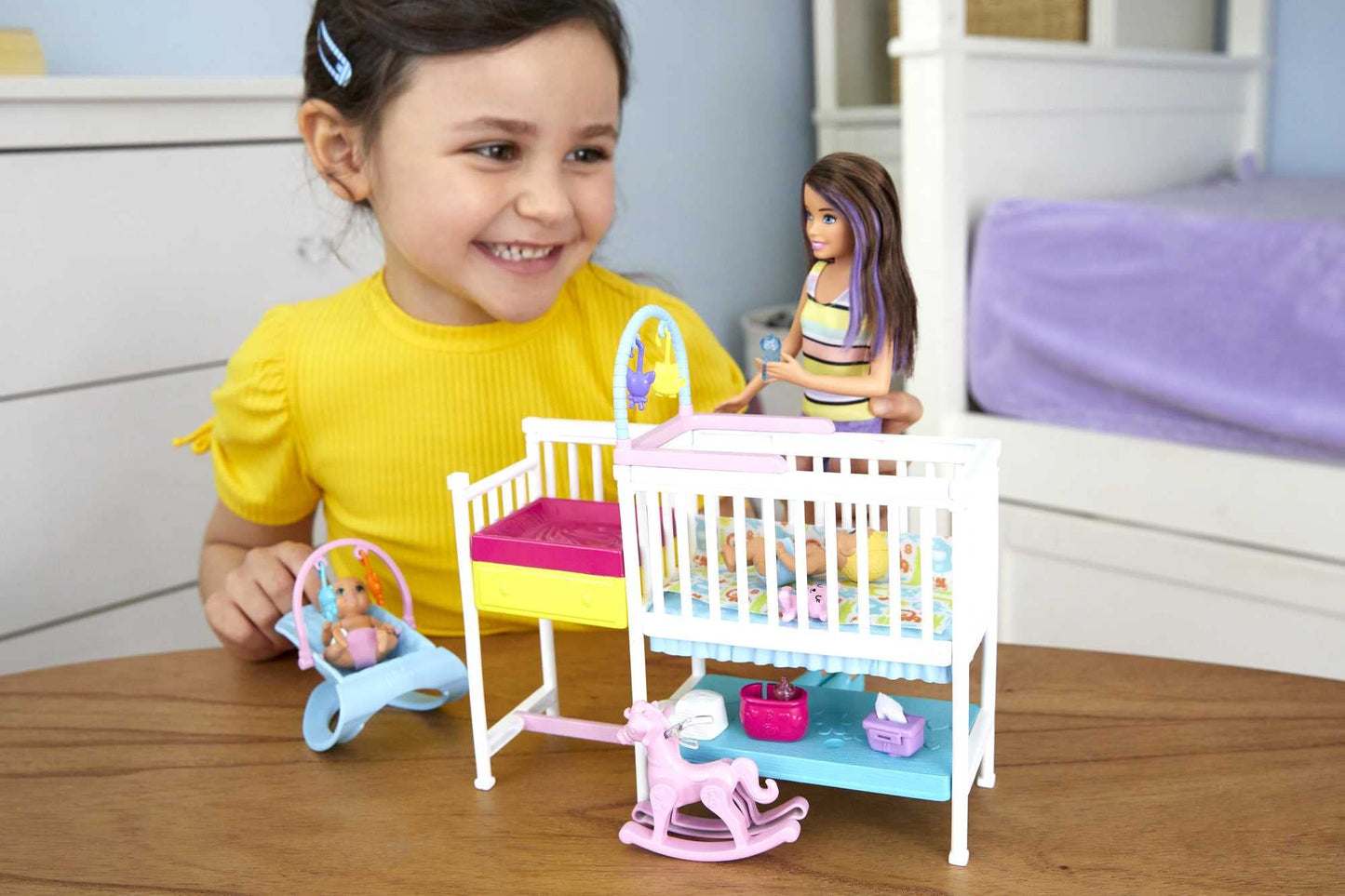 Barbie Nursery Playset with Skipper Babysitters Doll, 2 Baby Dolls, Crib and 10+ Pieces of Working Baby Gear and Themed Toys, Gift Set for 3 to 7 Year Olds, Multicolor