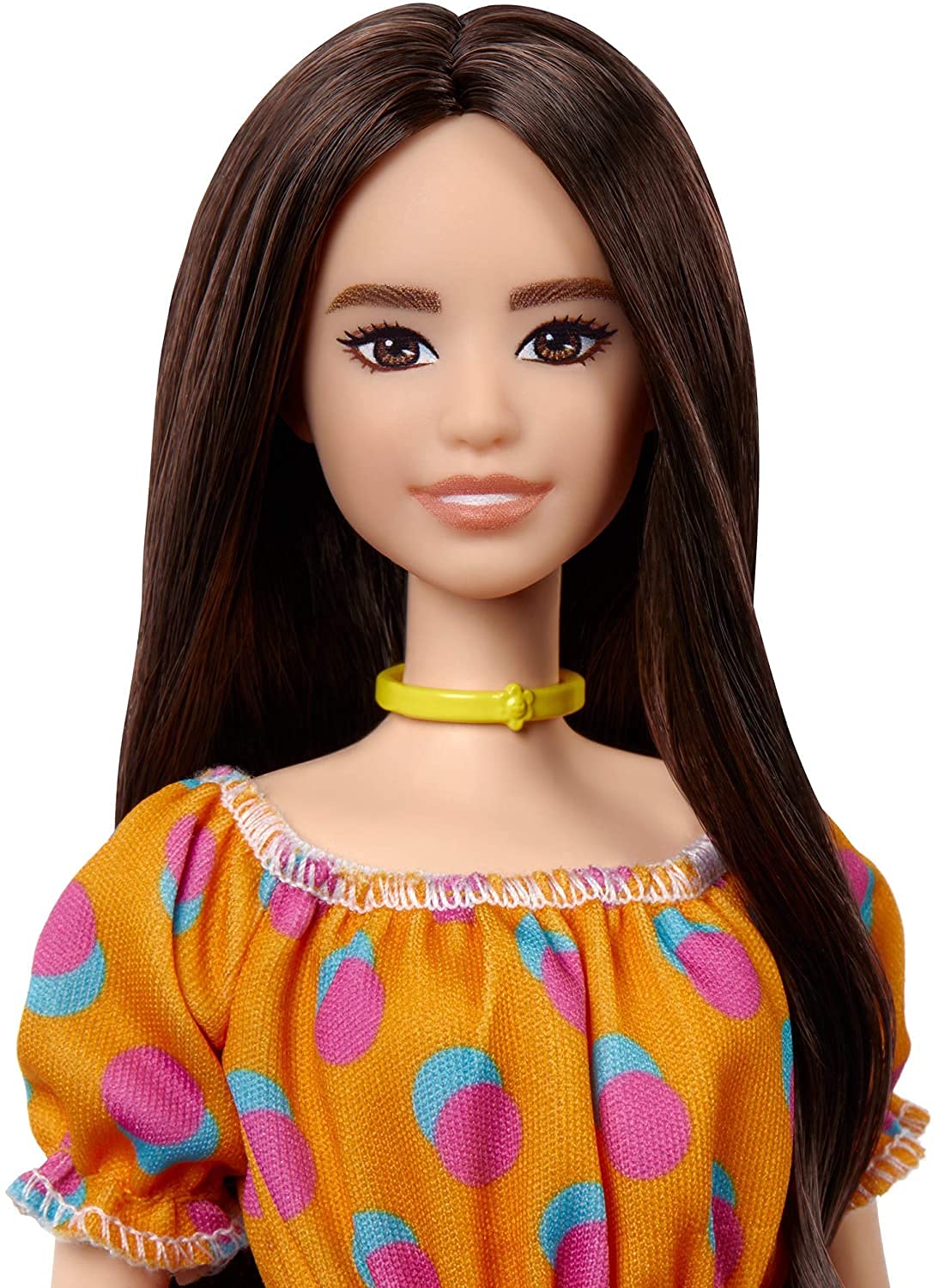 Barbie Fashionistas Doll with Brunette Hair Polka Dot Off-The-Shoulder Dress, Toy for Kids 3 to 8 Years Old