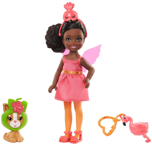 Barbie Club Chelsea Dress-Up Doll, 6-in Brunette in Flamingo Costume, with Pet Kitten and Accessories, Gift for 3 to 7 Year Olds
