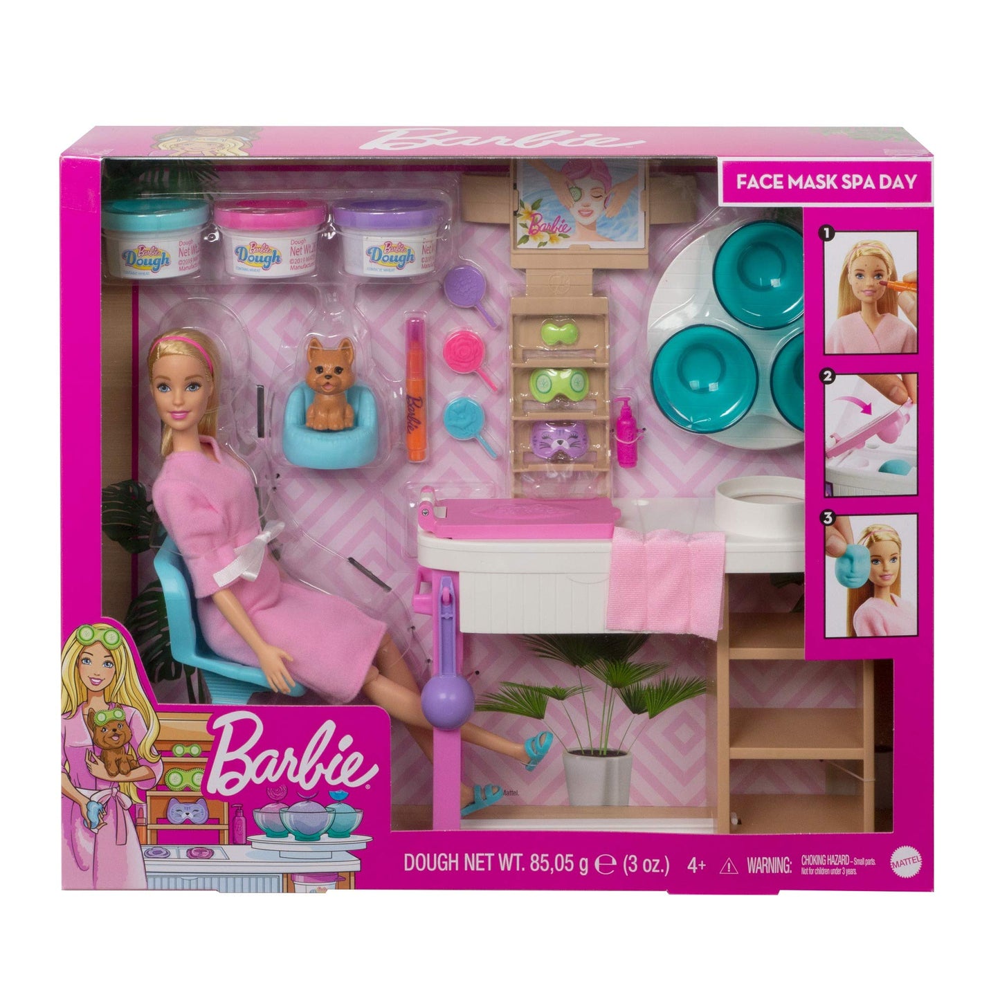 Barbie Face Mask Spa Day Playset with Blonde Barbie Doll, Puppy, Toy Spa Station with 4 Molds, 3 Tubs of Barbie Dough & 10+ Accessories to Create & Remove Face Blemishes on Doll