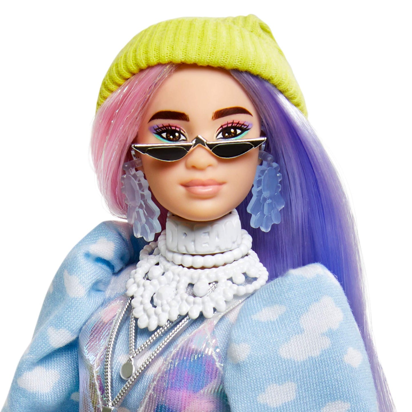 Barbie Extra Doll #2 in Shimmery Look with Pet Puppy, Pink & Purple Fantasy Hair, Layered Outfit & Accessories Including Neon Beanie, Multiple Flexible Joints