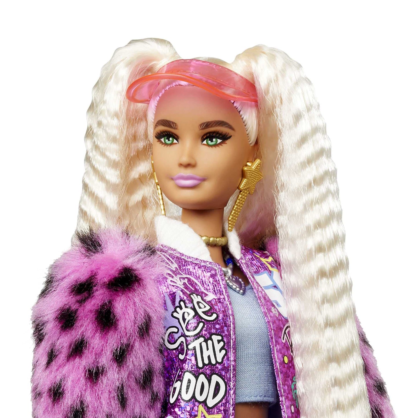 Barbie Extra Doll #8 in Pink Sparkly Varsity Jacket with Furry Arms & Pet Teddy Bear, Extra-Long Crimped Pigtails, Layered Outfit & Accessories, Multiple Flexible Joints