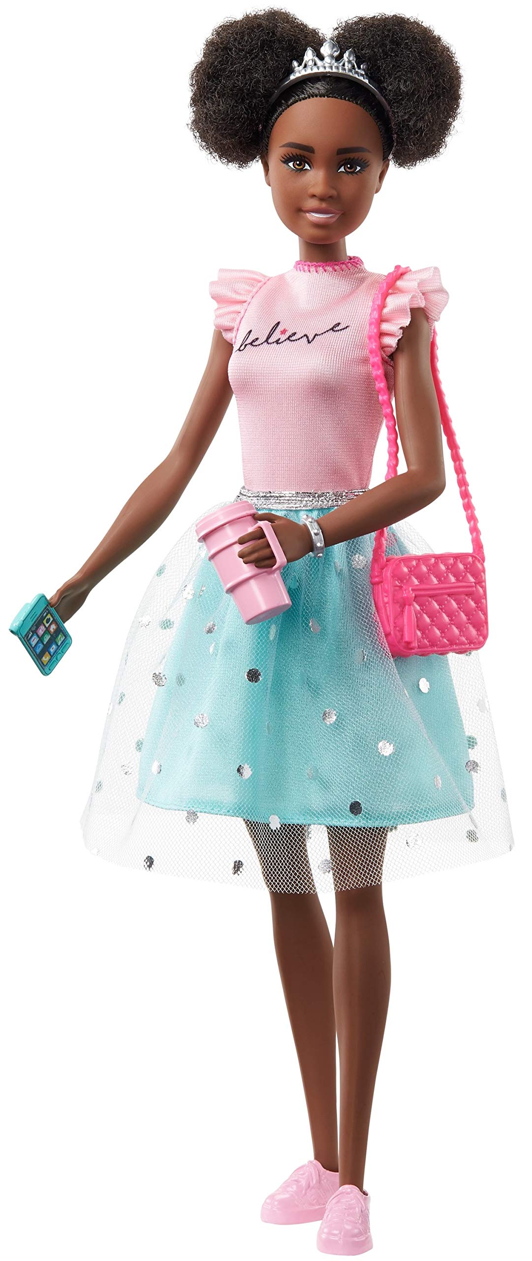 Barbie Princess Adventure Nikki Doll (11.5-inch Brunette) in Fashion and Accessories, with Smart Phone, Purse, Travel Mug and Tiara, Gift for 3 to 7 Year Olds