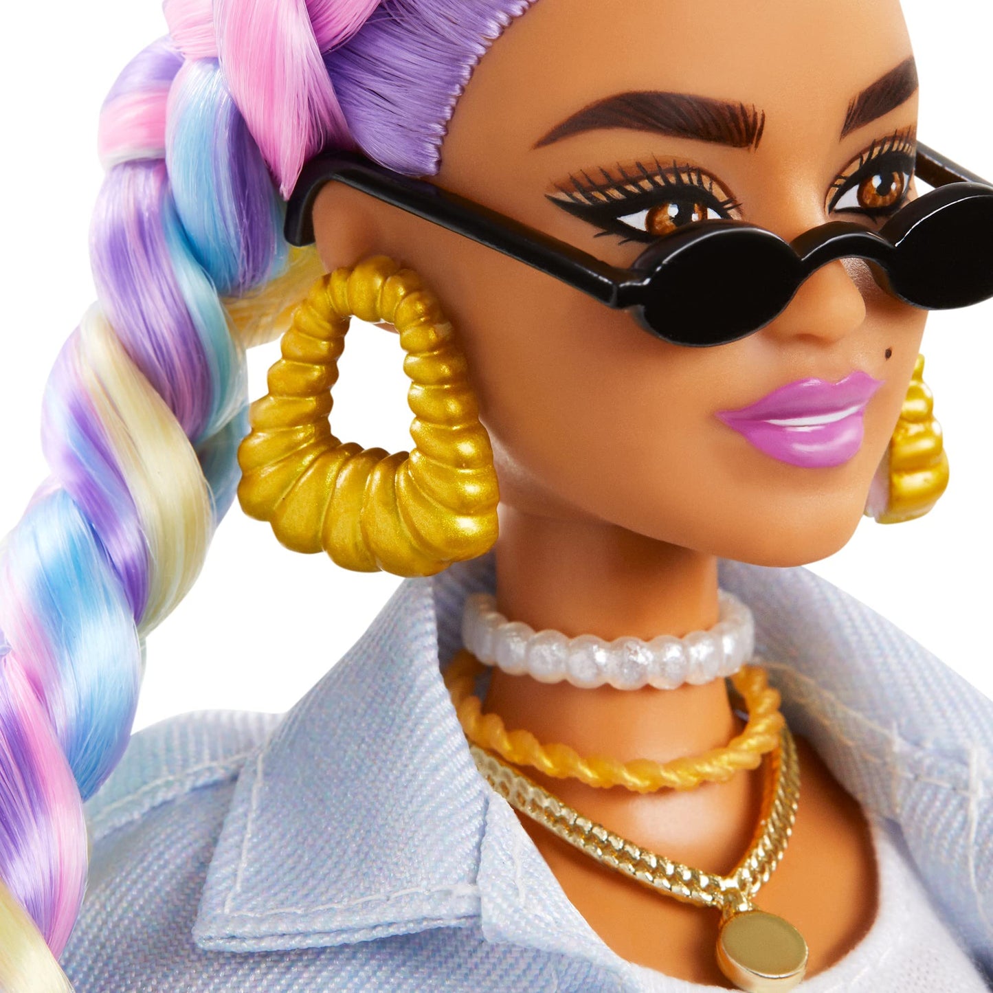 Barbie Extra Doll #5 in Long-Fringe Denim Jacket with Pet Puppy, Rainbow Braids, Layered Outfit & Accessories Including Car for Pet, Multiple Flexible Joints