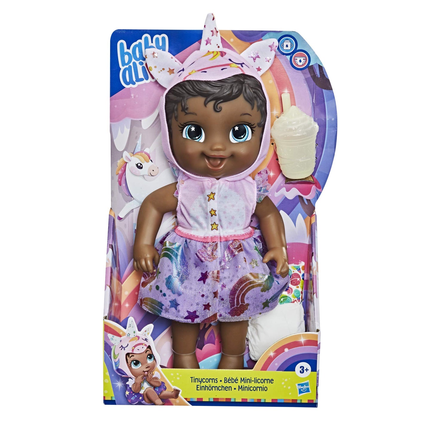 Hasbro Baby Alive Tinycorns Doll, Unicorn, Accessories, Drinks, Wets, Black Hair Toy for Kids Ages 3 Years and Up