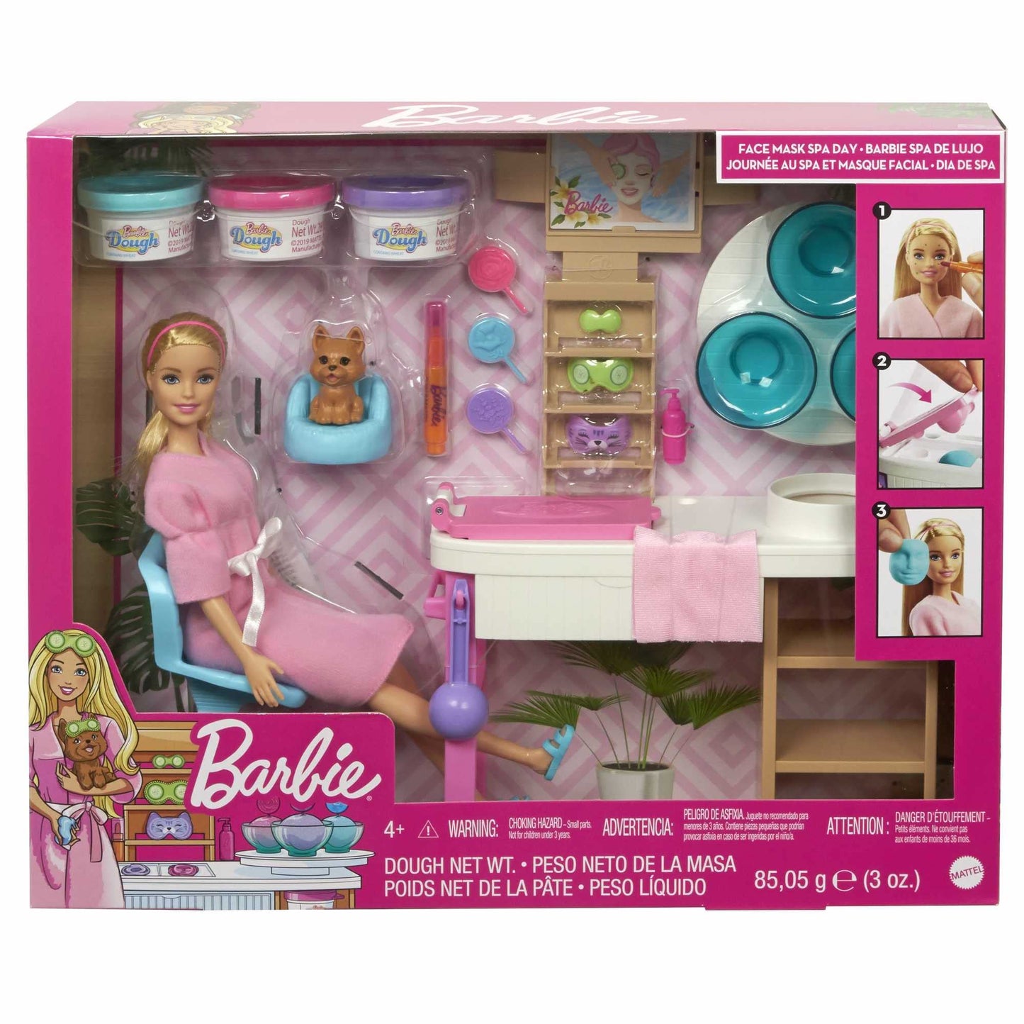 Barbie Face Mask Spa Day Playset with Blonde Barbie Doll, Puppy, Toy Spa Station with 4 Molds, 3 Tubs of Barbie Dough & 10+ Accessories to Create & Remove Face Blemishes on Doll