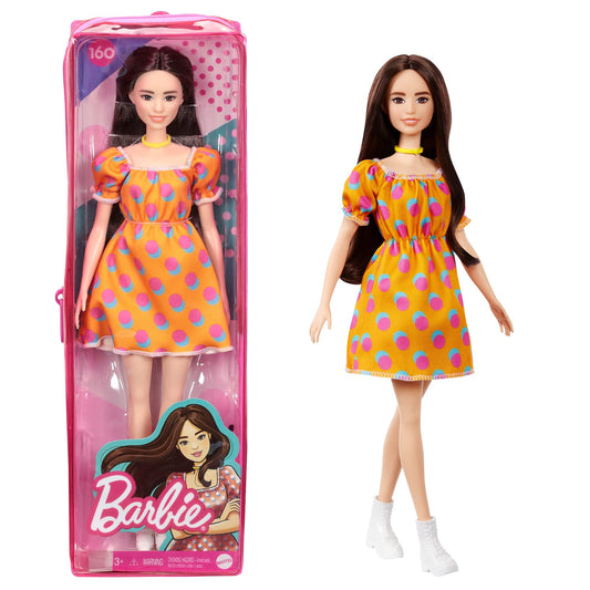 Barbie Fashionistas Doll with Brunette Hair Polka Dot Off-The-Shoulder Dress, Toy for Kids 3 to 8 Years Old