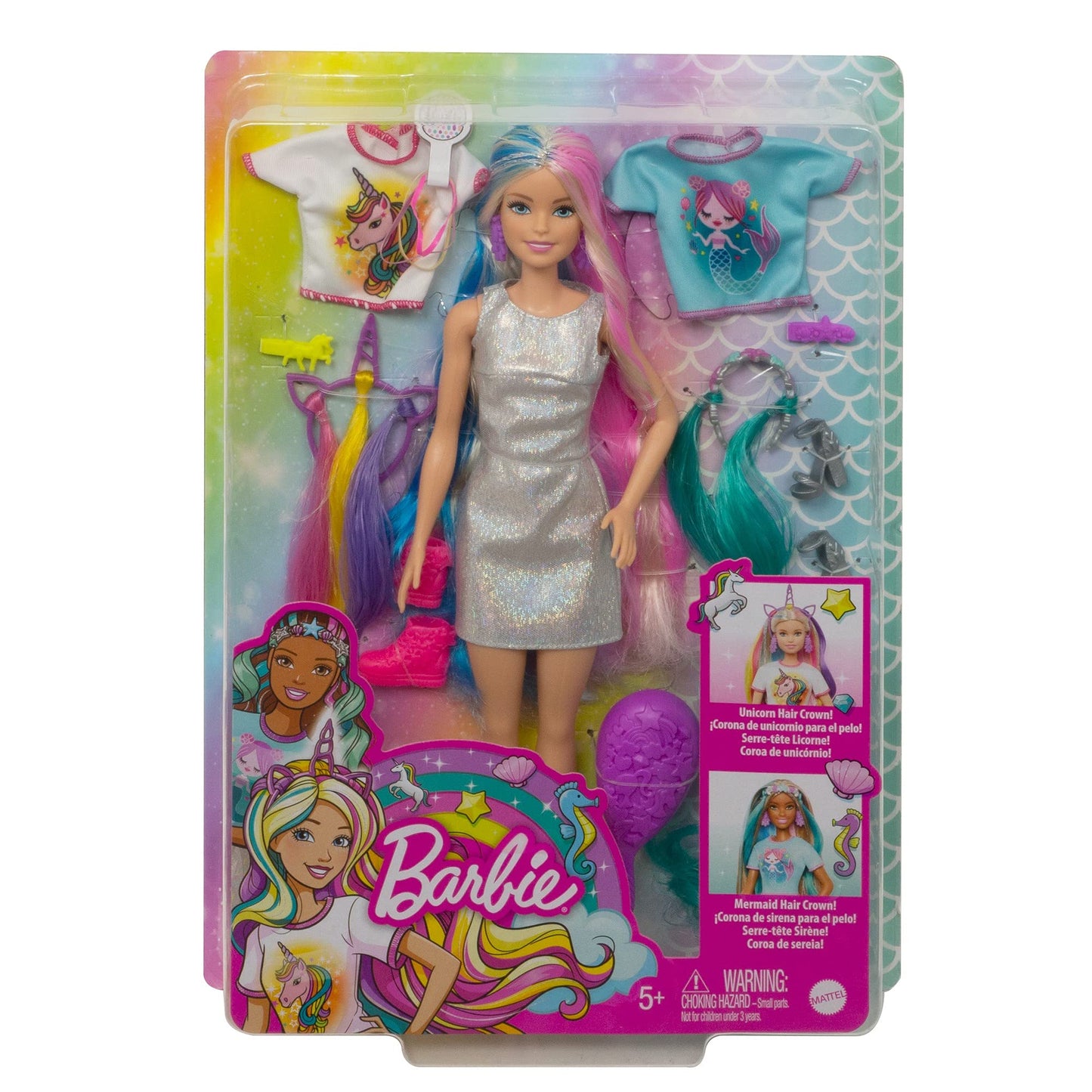 Barbie Fantasy Hair Doll, Blonde, with 2 Decorated Crowns, 2 Tops & Accessories for Mermaid and Unicorn Looks, Plus Hairstyling Pieces, for Kids 3 to 7 Years Old