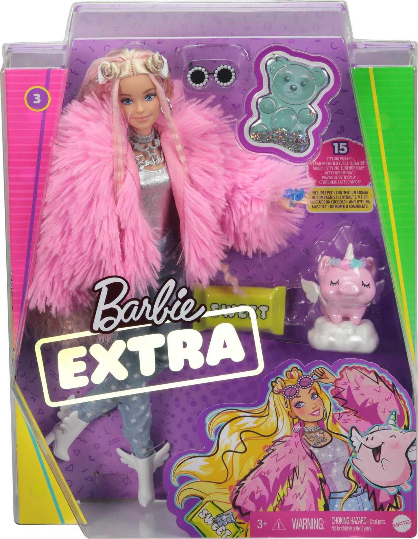 Barbie Extra Doll #3 in Pink Fluffy Coat with Pet Unicorn-Pig, Extra-Long Crimped Hair, Including Candy Bar Clutch & Gummy Bear Ring, Multiple Flexible Joints