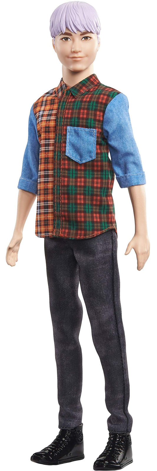 Barbie Ken Fashionistas Doll #154 with Sculpted Purple Hair Wearing a Color-Blocked Plaid Shirt, Black Denim Pants & Boots, Toy for Kids 3 to 8 Years Old
