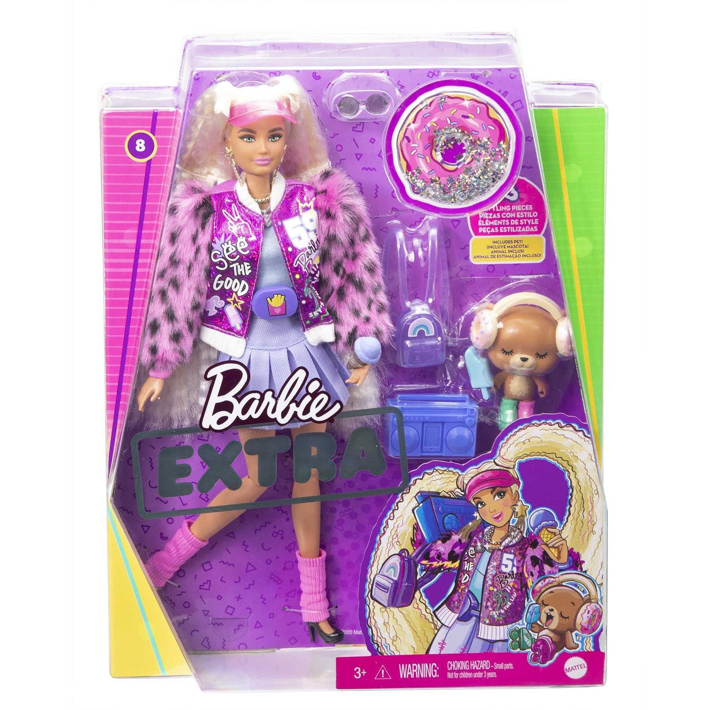 Barbie Extra Doll #8 in Pink Sparkly Varsity Jacket with Furry Arms & Pet Teddy Bear, Extra-Long Crimped Pigtails, Layered Outfit & Accessories, Multiple Flexible Joints