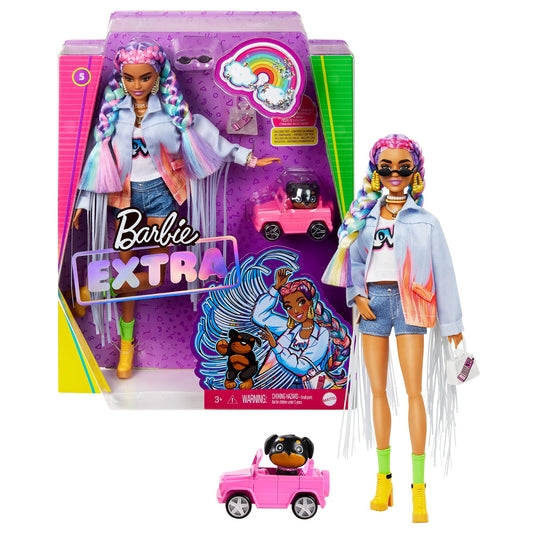 Barbie Extra Doll #5 in Long-Fringe Denim Jacket with Pet Puppy, Rainbow Braids, Layered Outfit & Accessories Including Car for Pet, Multiple Flexible Joints