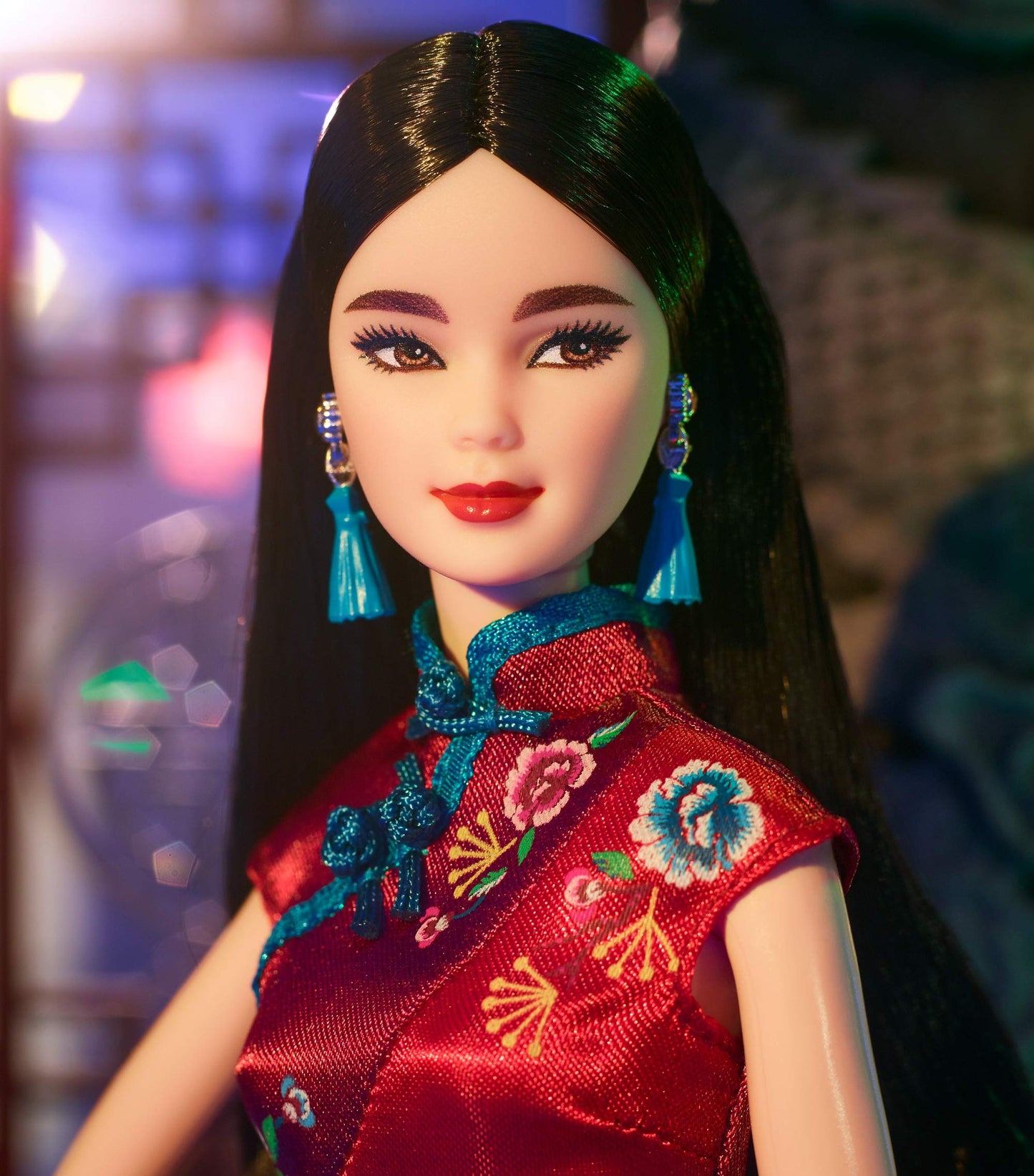 Barbie Signature Lunar New Year Doll (12-inch Brunette) Wearing Red Satin Cheongsam Dress with Accessories, Collectible Gift for Kids & Collectors