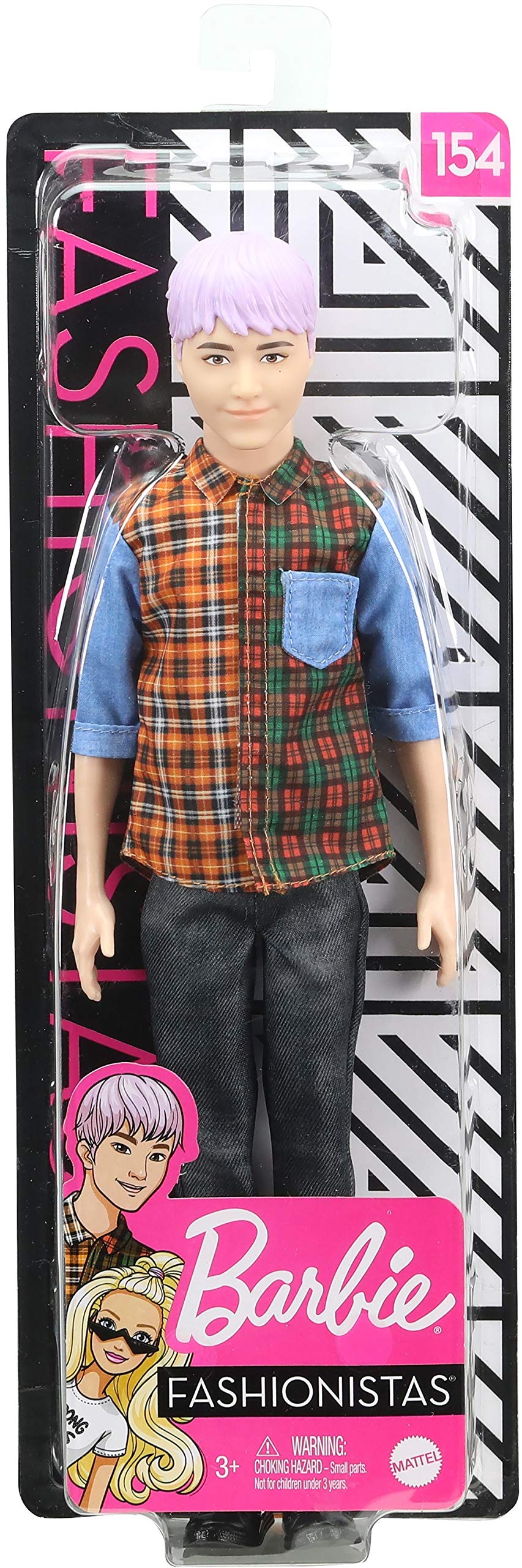 Barbie Ken Fashionistas Doll #154 with Sculpted Purple Hair Wearing a Color-Blocked Plaid Shirt, Black Denim Pants & Boots, Toy for Kids 3 to 8 Years Old