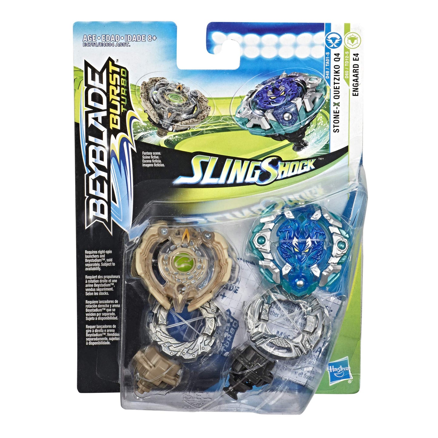 Beyblade Burst Turbo Slingshock Dual Pack Engaard E4 and Stone-X Quetziko Q4 -- 2 Right-Spin Battling Tops, Age 8+