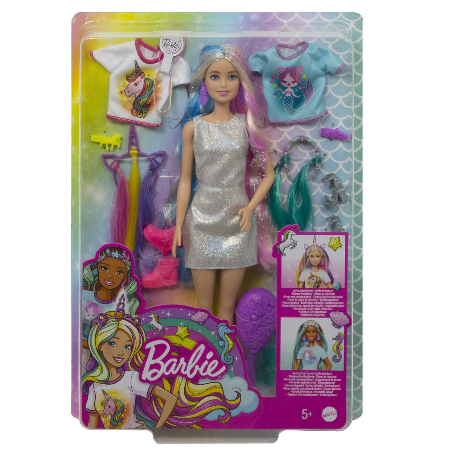 Barbie Fantasy Hair Doll, Blonde, with 2 Decorated Crowns, 2 Tops & Accessories for Mermaid and Unicorn Looks, Plus Hairstyling Pieces, for Kids 3 to 7 Years Old