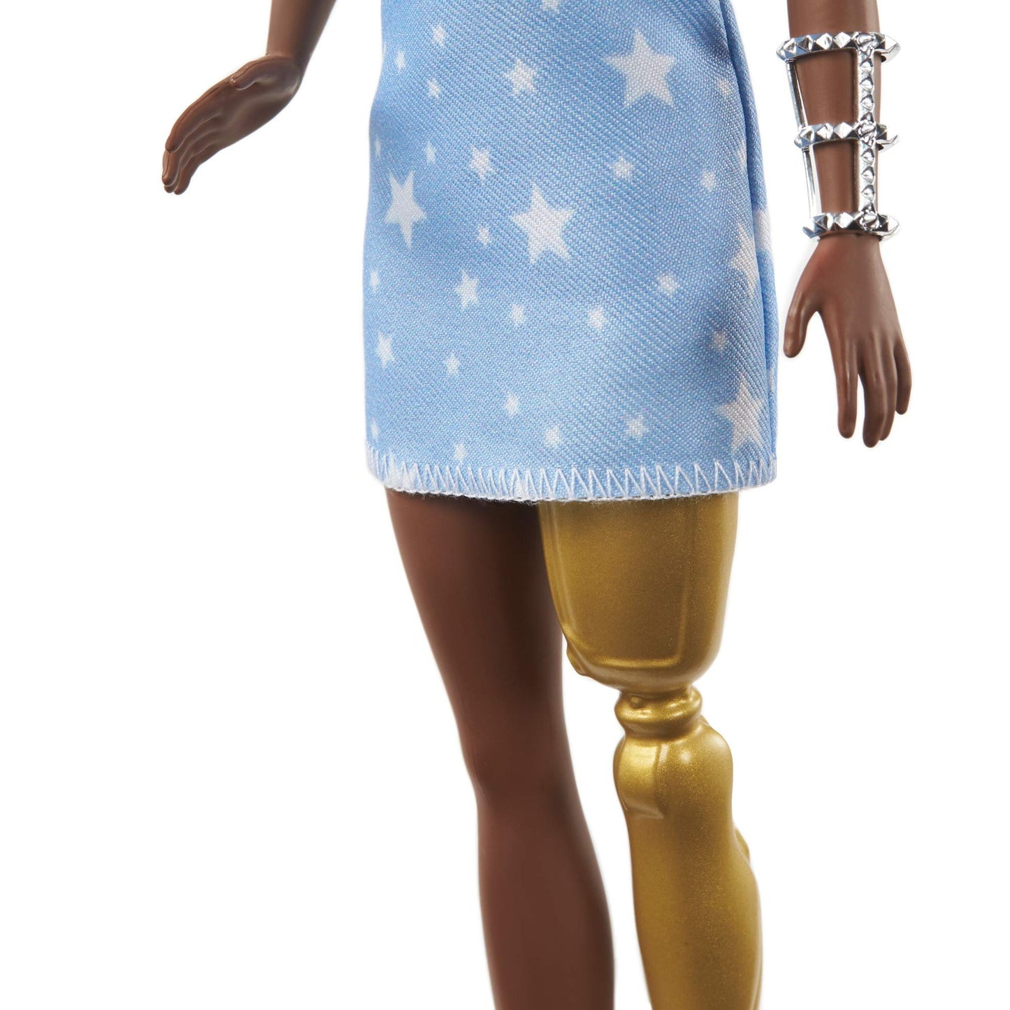 Barbie Fashionistas Doll #146 with 2 Twisted Braids & Prosthetic Leg Wearing Star-Print Dress, White Shoes & Arm Bracelet, Toy for Kids 3 to 8 Years Old