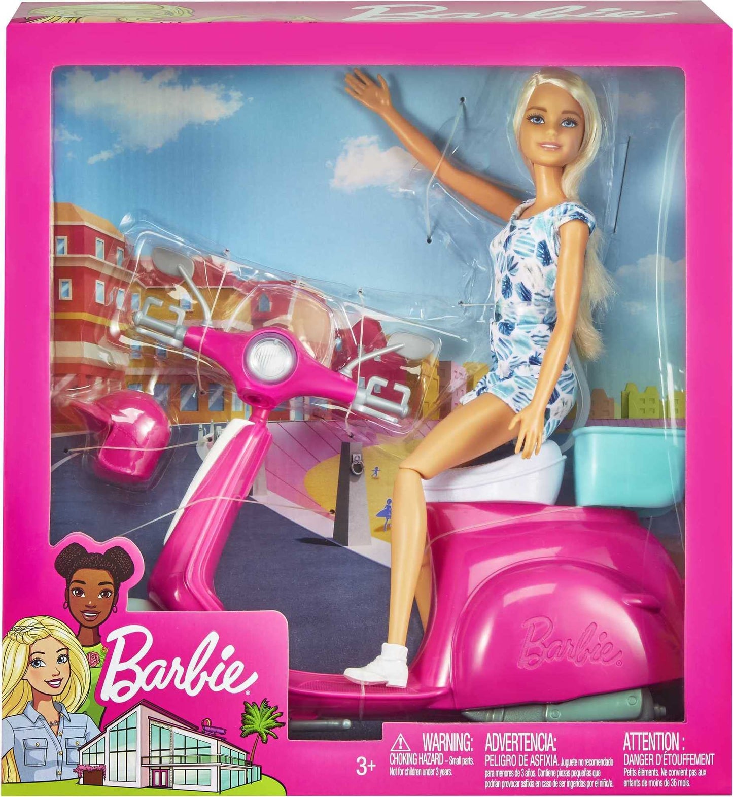 Barbie Doll, Blonde, and Pink and White Scooter with Kickstand and Teal Basket for 3 to 7 Year Olds