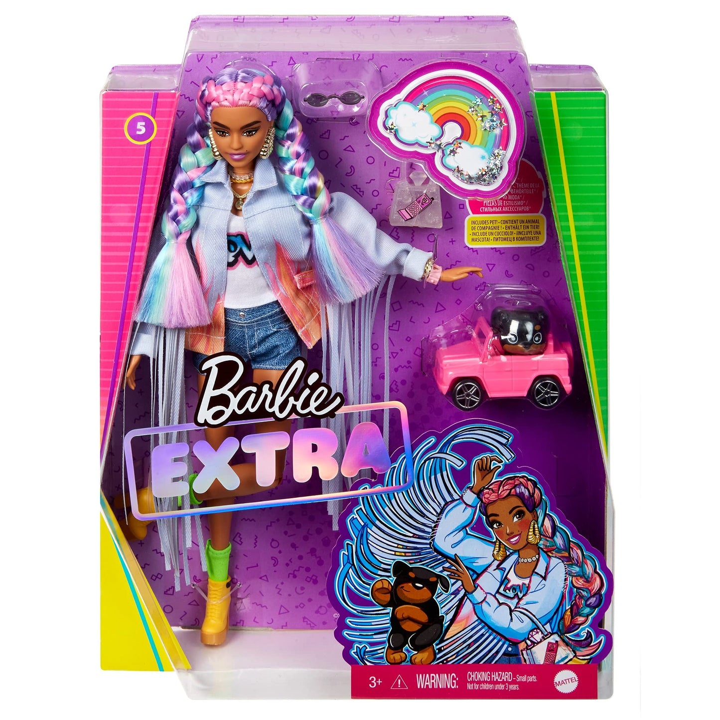 Barbie Extra Doll #5 in Long-Fringe Denim Jacket with Pet Puppy, Rainbow Braids, Layered Outfit & Accessories Including Car for Pet, Multiple Flexible Joints